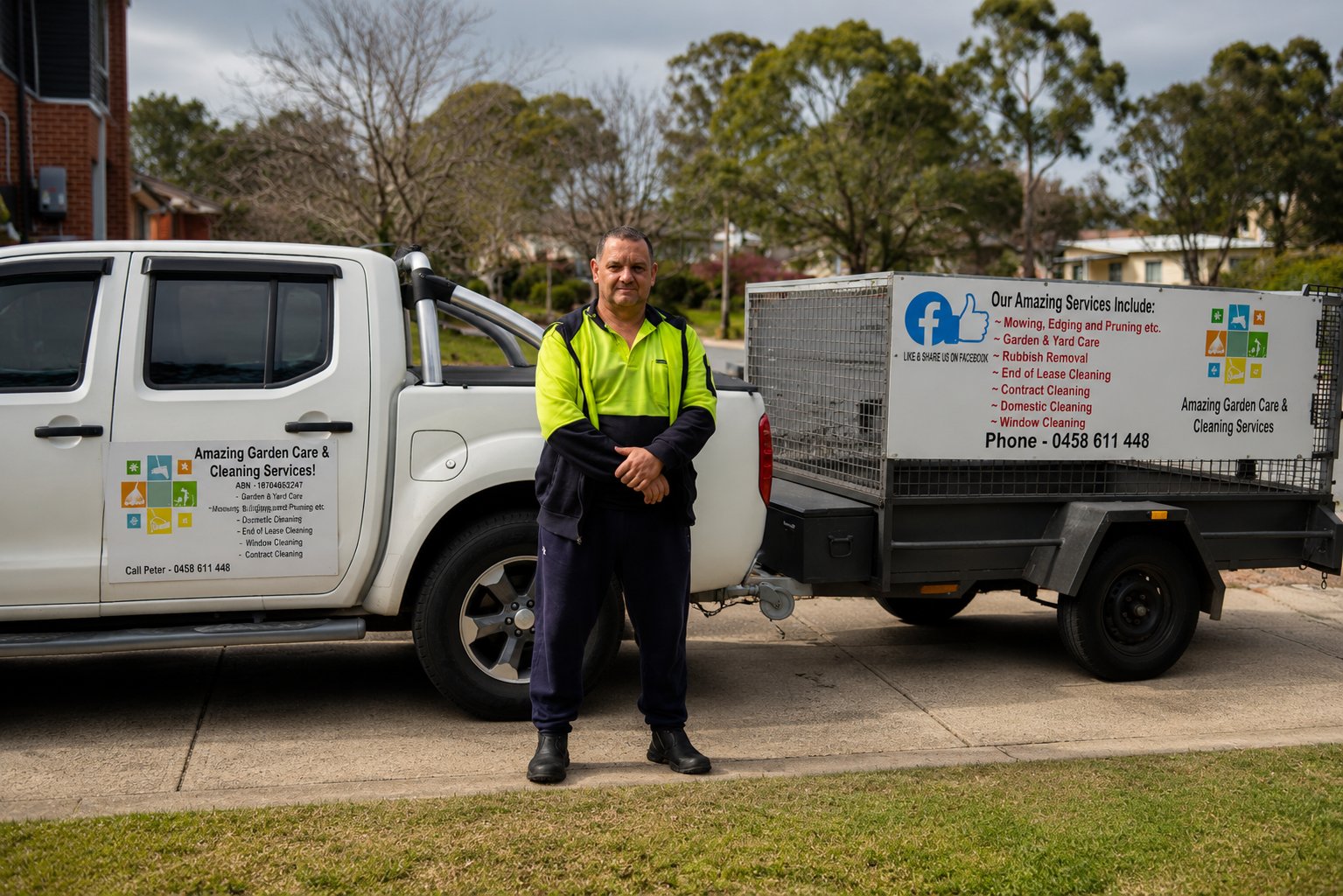 Peter from Amazing Garden Care & Cleaning Services with his work ute and trailer in Canberra